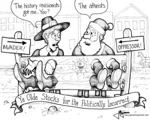 Santa & Pilgrim in the Stocks